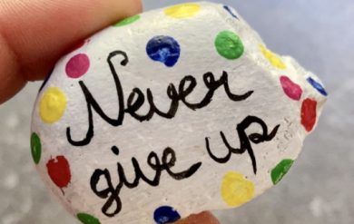 Stein mit der Aufschrift: Never give up